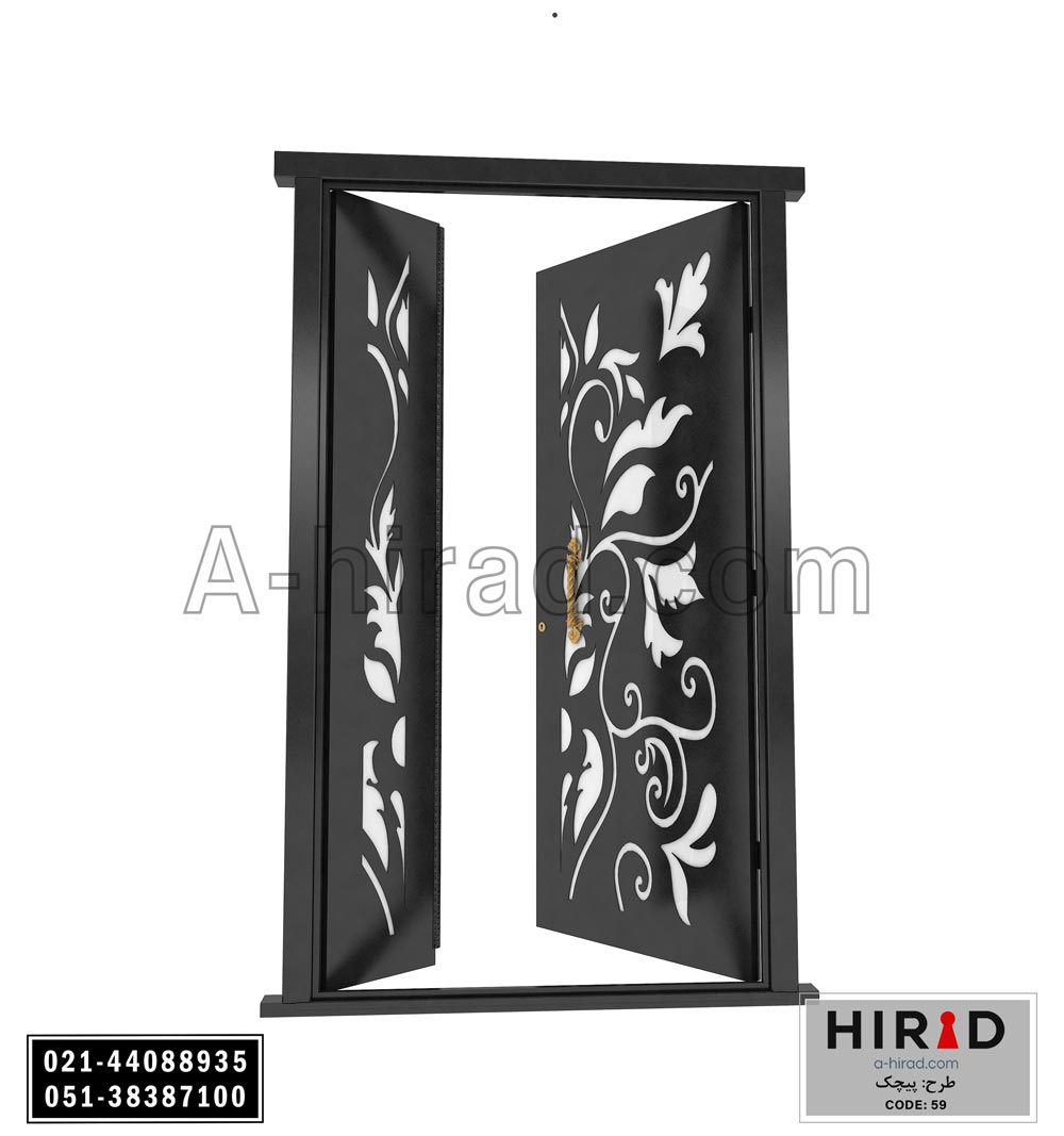 درب فلزی لیزری یک و نیم لنگه هیراد طرح پیچک کد 1559 عرض 153 ارتفاع 223 